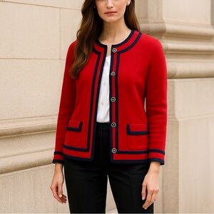 TALBOTS Red Cardigan Sweater Navy Tipped Button Up Preppy Old Money Heritage M